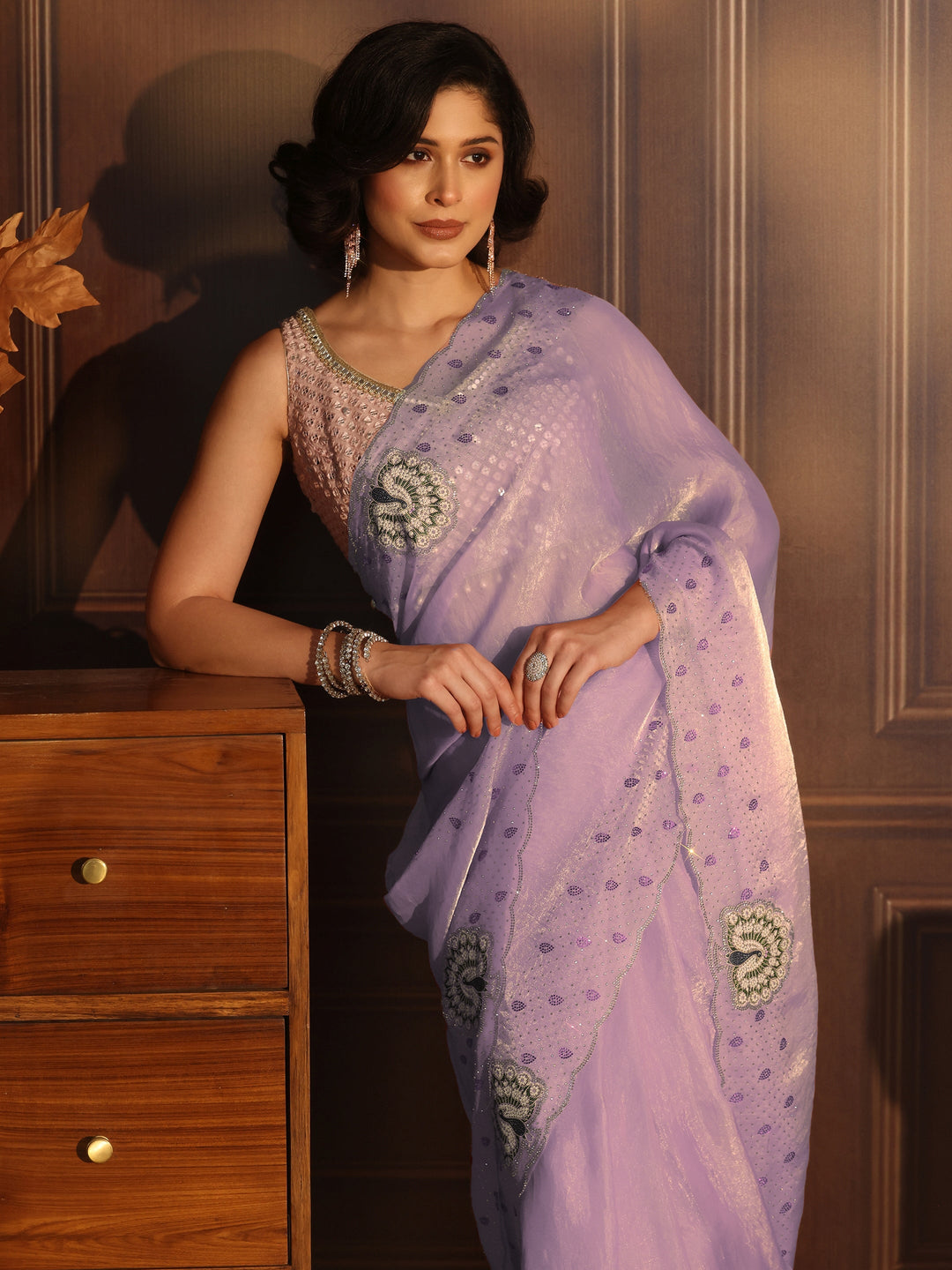 Libas Lavender Tissue Saree with Peacock Border