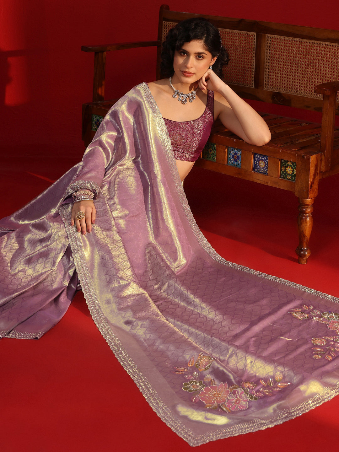 Libas Lavender Woven Design Silk Blend Saree with Embellished Border