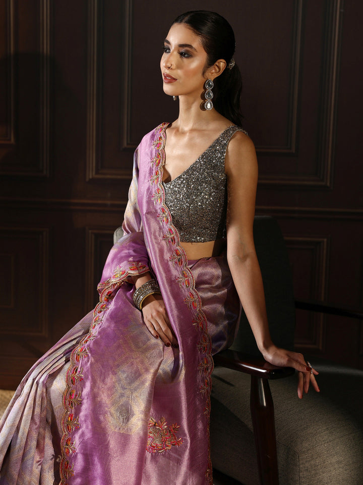 Libas Lavender Woven Design Silk Blend Saree with Embroidered Border