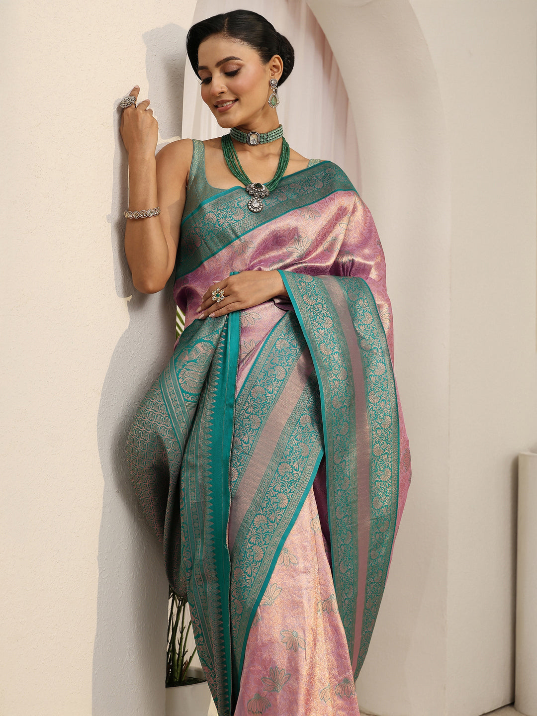 Libas Lavender and Teal Floral Woven Design Brocade Saree
