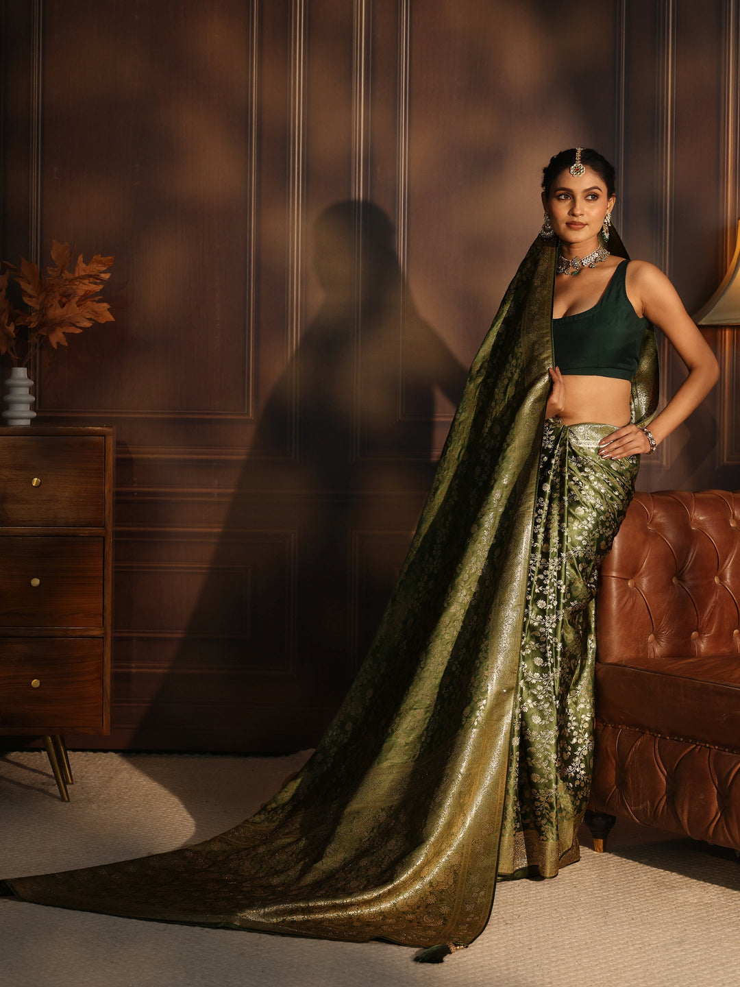 Libas Leaf Green Floral Woven Design Brocade Saree