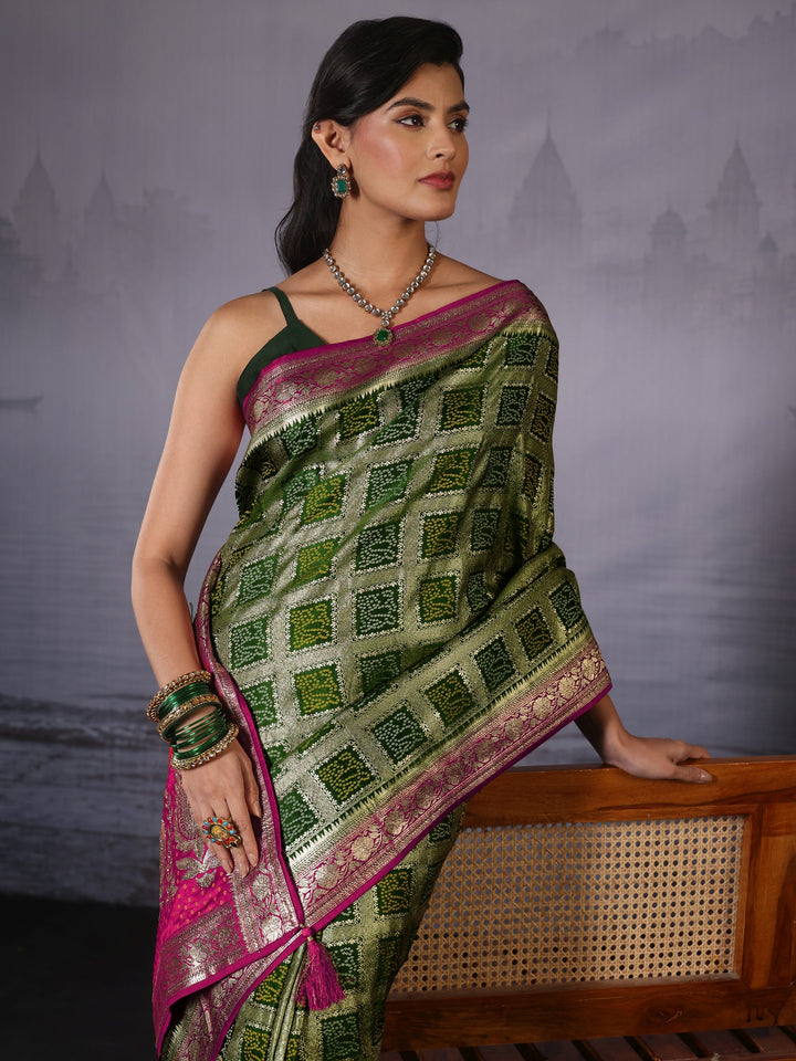 Libas Leaf Green Gharchola Silk Blend Saree with Paisley Weave Pallu