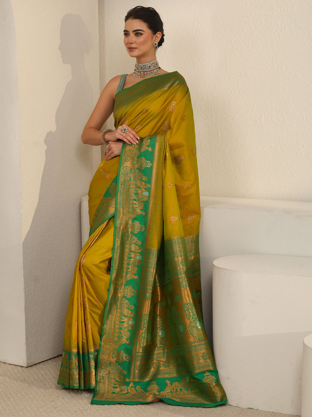Libas Lemon Green and Green Woven Design Silk Blend Banarasi Saree