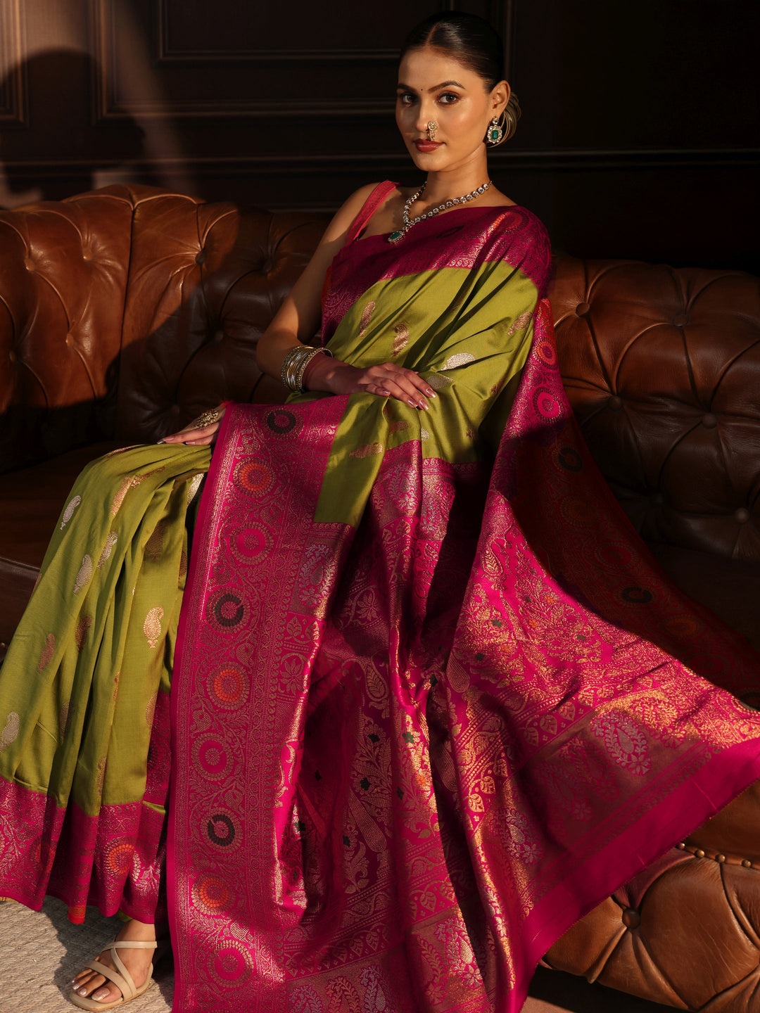 Libas Lemon Green and Pink Floral Woven Design Silk Blend Saree