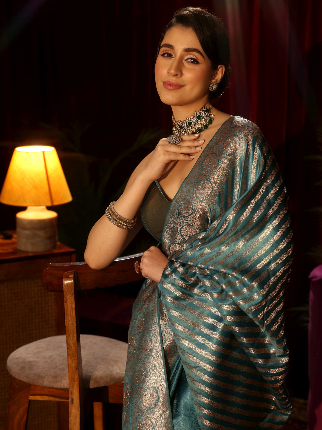 Libas Light Blue Striped Woven Design Embellished Silk Blend Saree