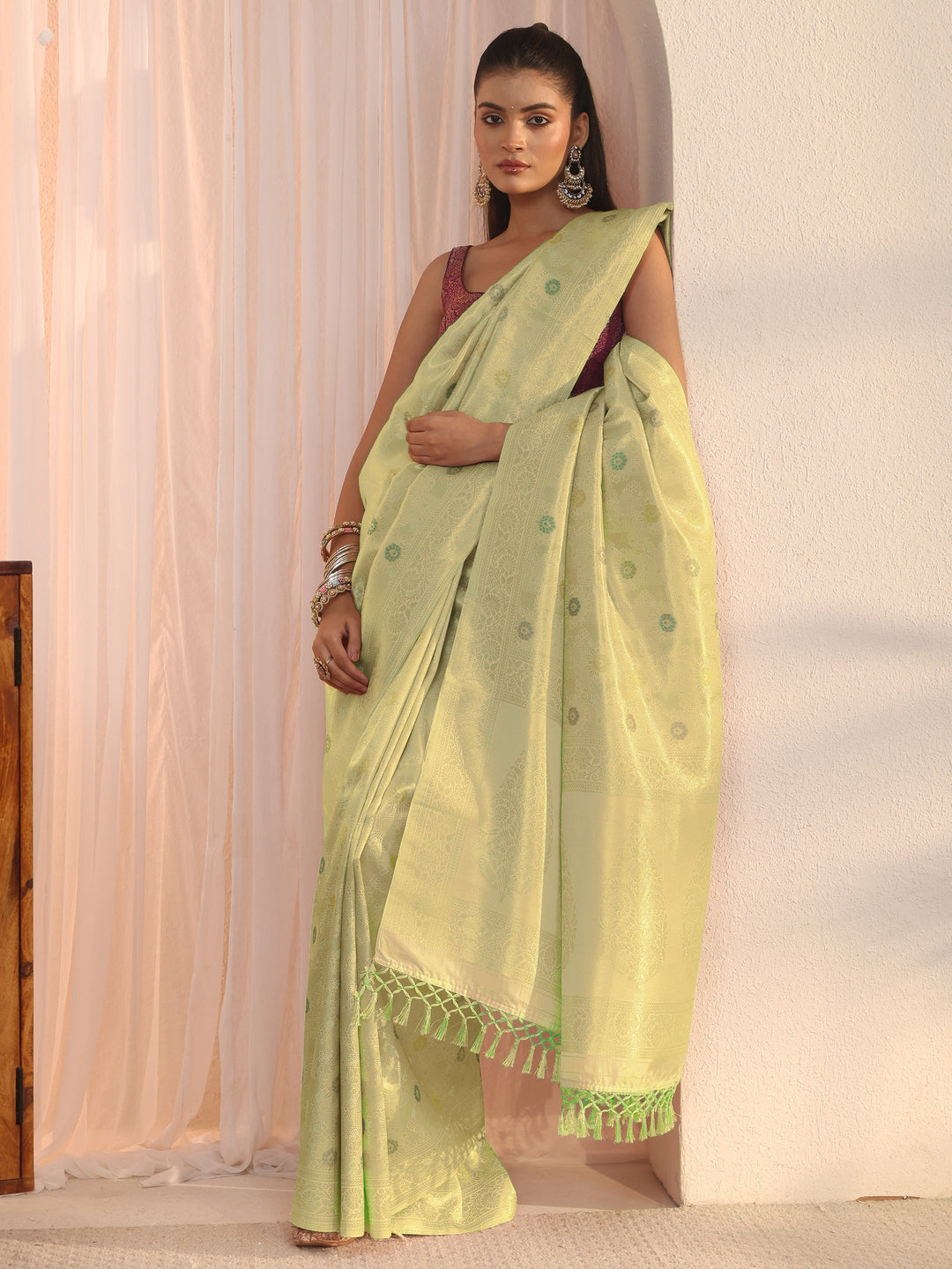 Libas Light Green Floral Woven Design Silk Blend Saree