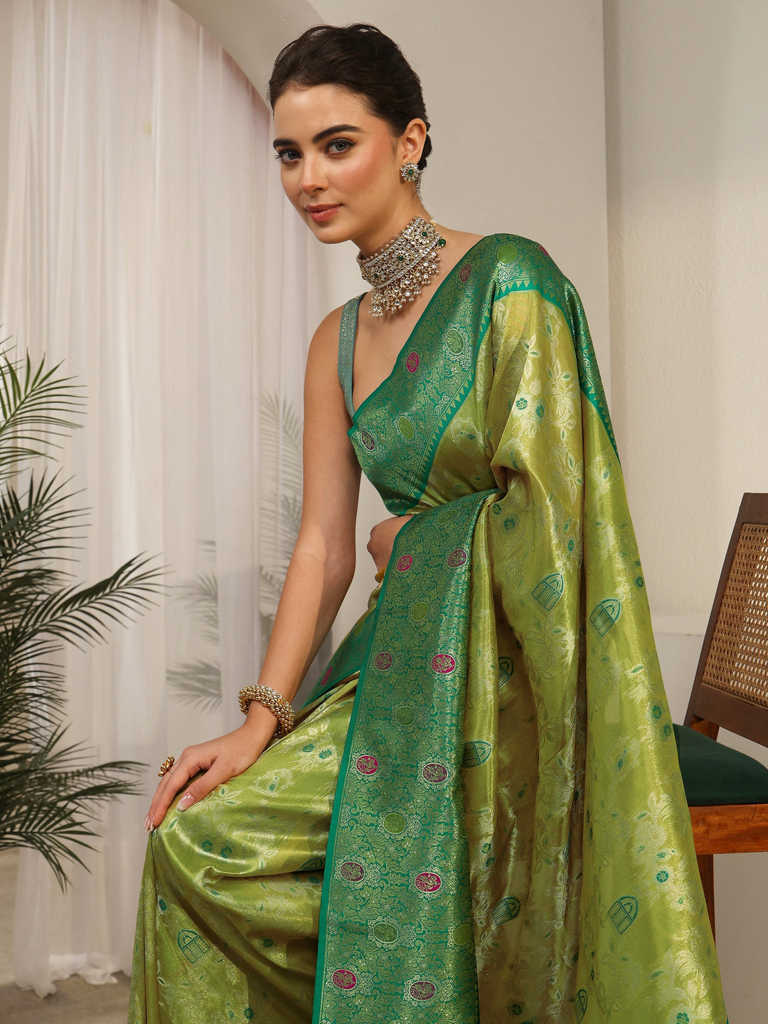 Libas Light Green and Dark Green Floral Woven Design Silk Blend Saree