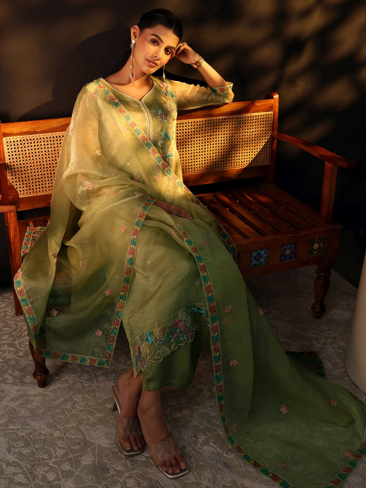 Libas Light Olive Ethnic Embroidered Organza Straight Suit Set