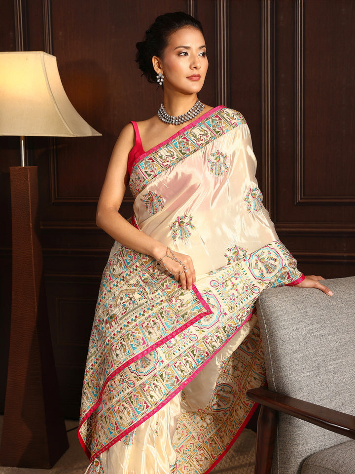 Libas Light Peach Pink Ethnic Embroidered Satin Saree