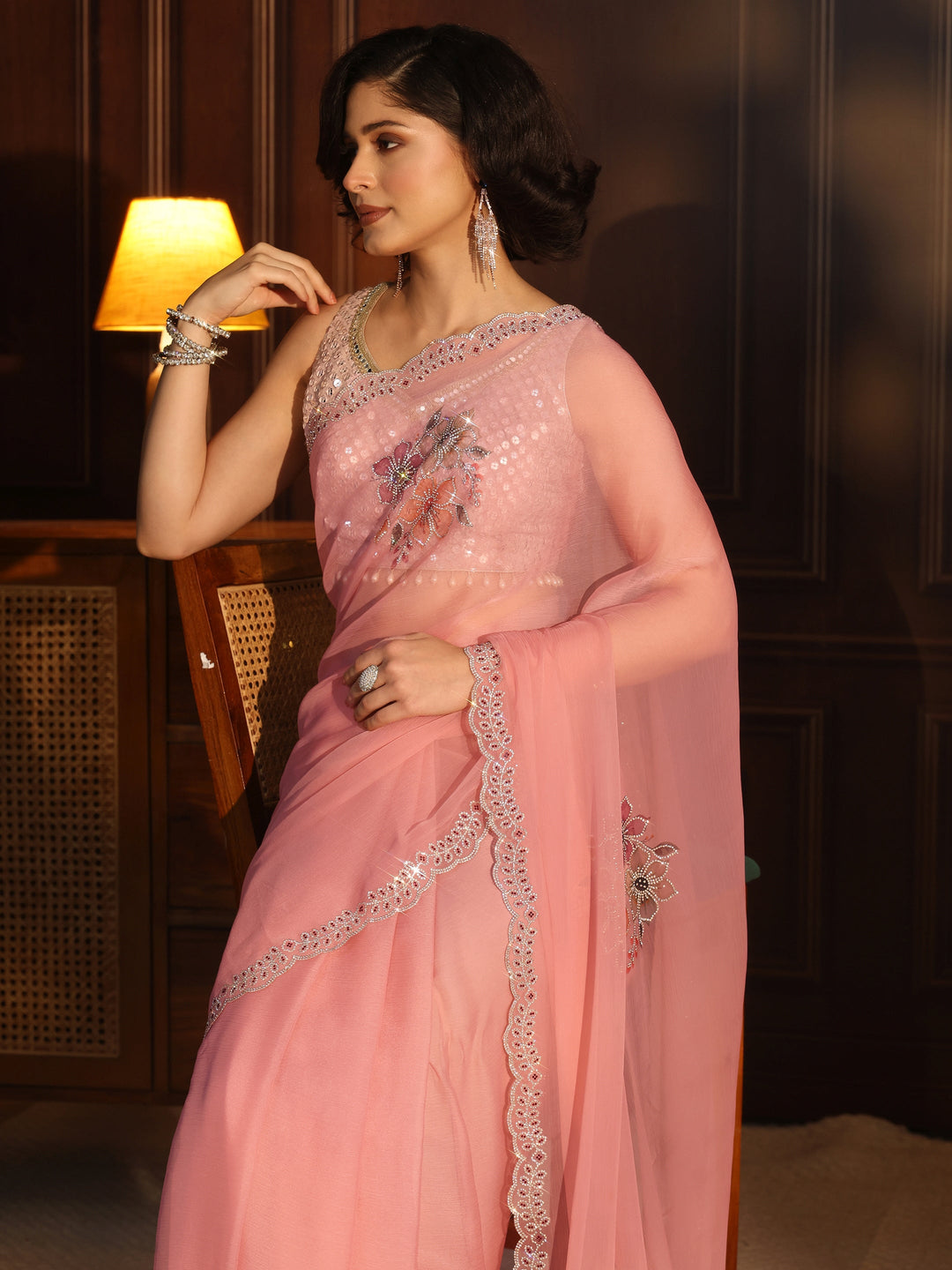 Libas Light Pink Floral Embellished Chiffon Saree