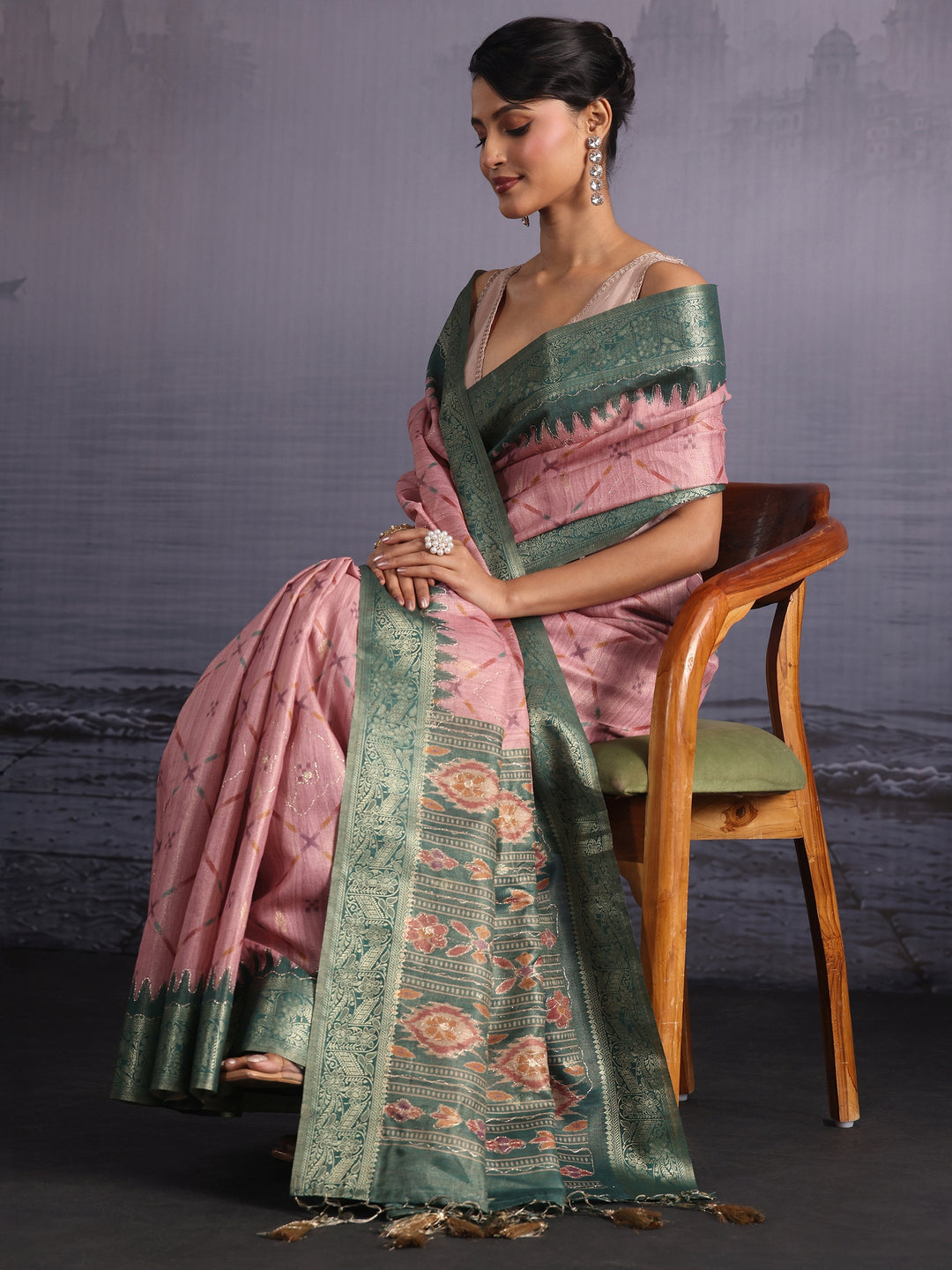 Libas Light Pink Printed Silk Blend Tassel Saree