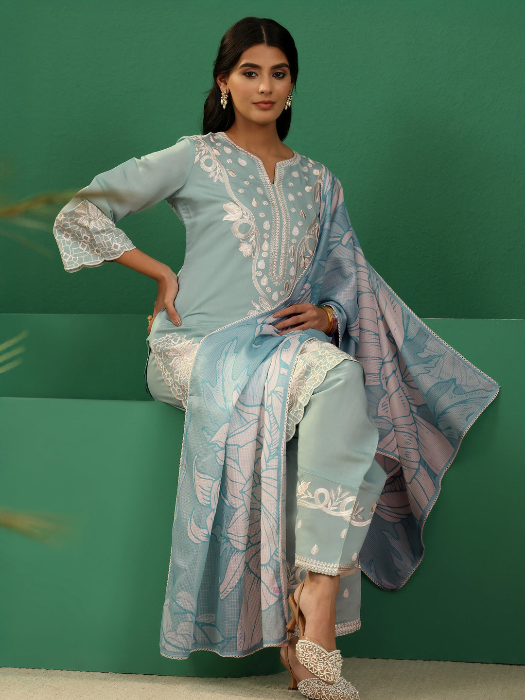 Libas Light Sea Green Floral Embroidered Silk Blend Farshi Suit Set