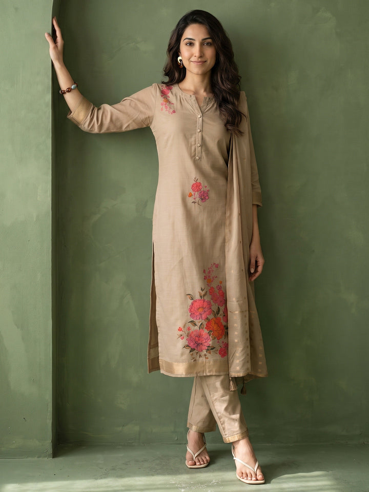 Libas Light Taupe Floral Printed Silk Blend Straight Suit Set