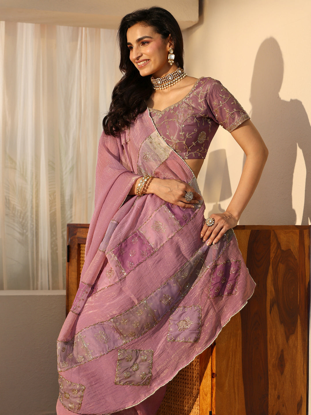 Libas Lilac Applique Design Tissue Saree