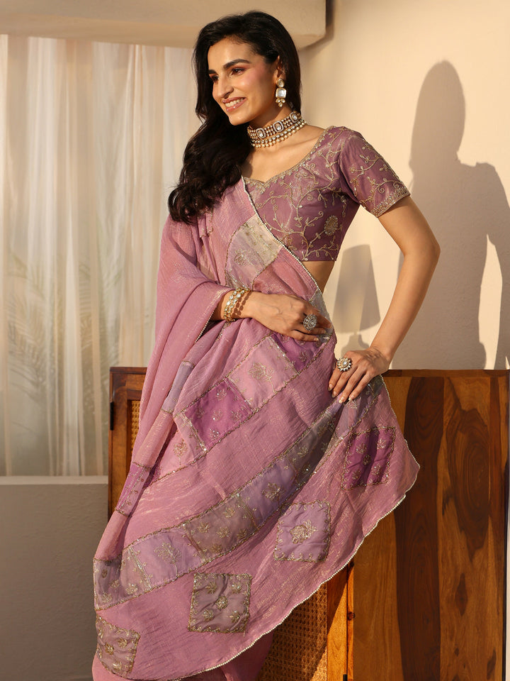 Libas Lilac Applique Design Tissue Saree