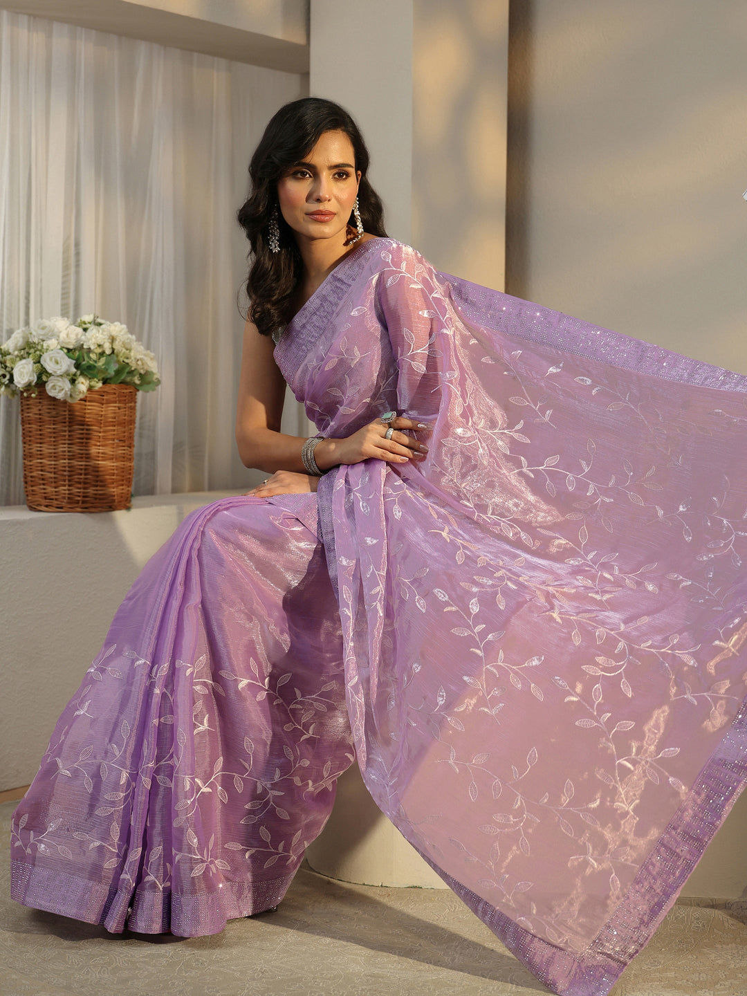 Libas Lilac Floral Embellished Tissue Saree