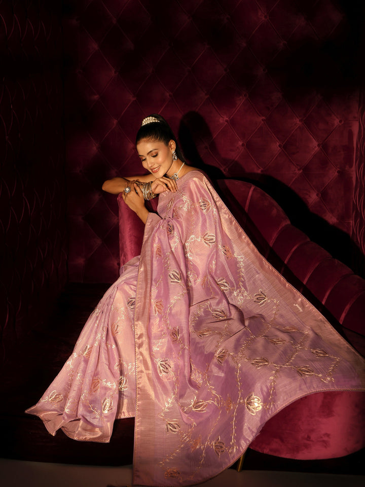 Libas Lilac Floral Embroidered Silk Blend Saree