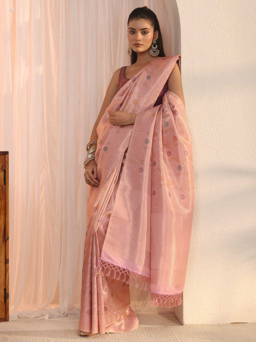 Libas Lilac Floral Woven Design Silk Blend Saree