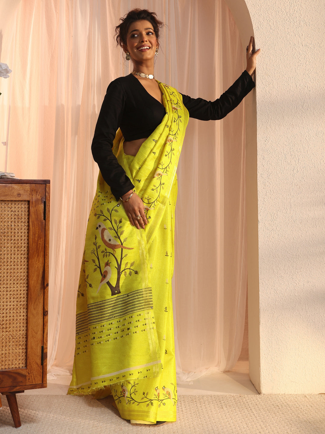 Libas Lime Green Bird Woven Design Pallu Silk Blend Saree