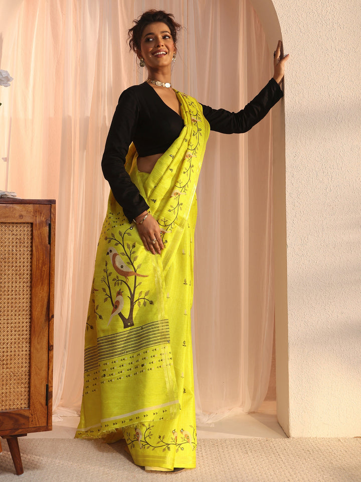 Libas Lime Green Bird Woven Design Pallu Silk Blend Saree