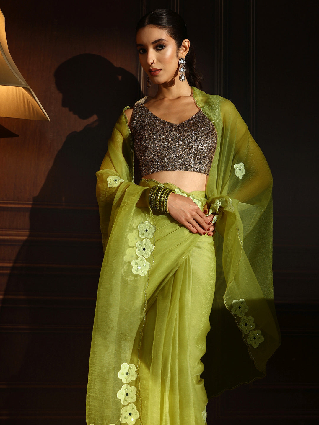 Libas Lime Green Embellished Organza Saree with Applique Work
