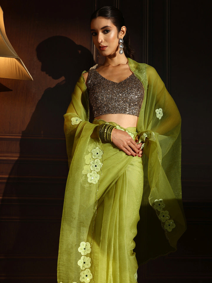 Libas Lime Green Embellished Organza Saree with Applique Work