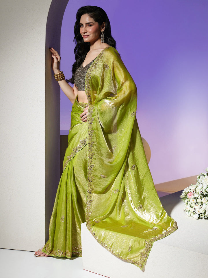 Libas Lime Green Embellished Tissue Saree