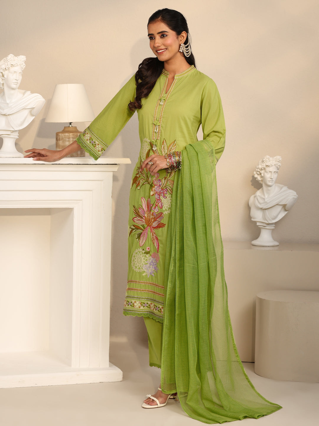 Libas Lime Green Floral Embroidered Cotton Straight Suit Set