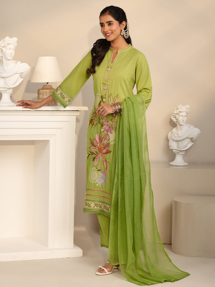 Libas Lime Green Floral Embroidered Cotton Straight Suit Set