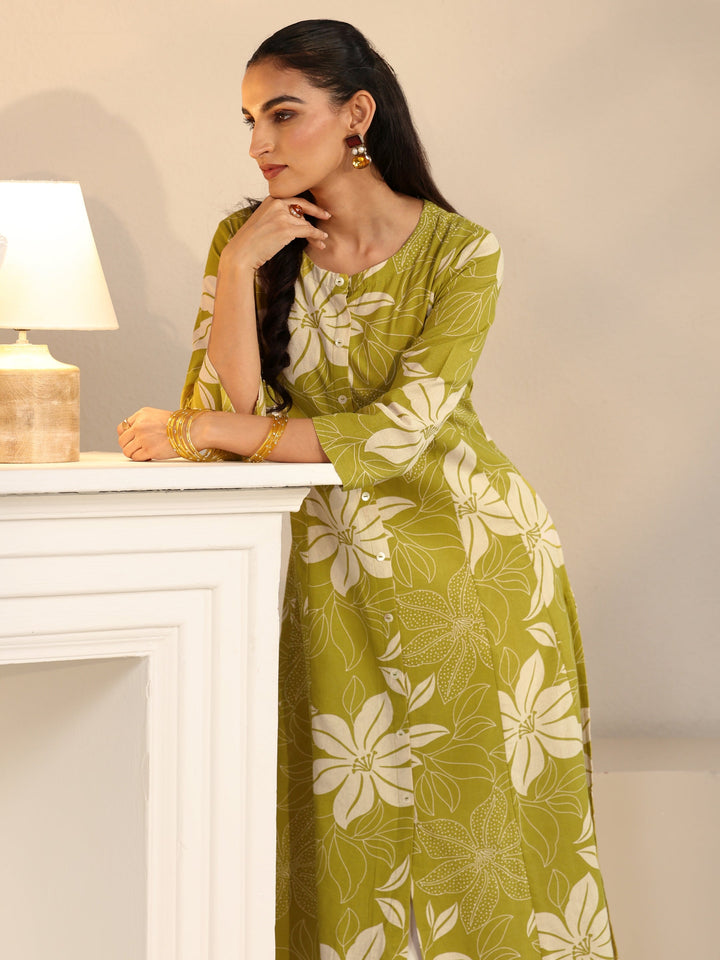 Libas Lime Green Floral Printed Cotton Blend A-line Kurta