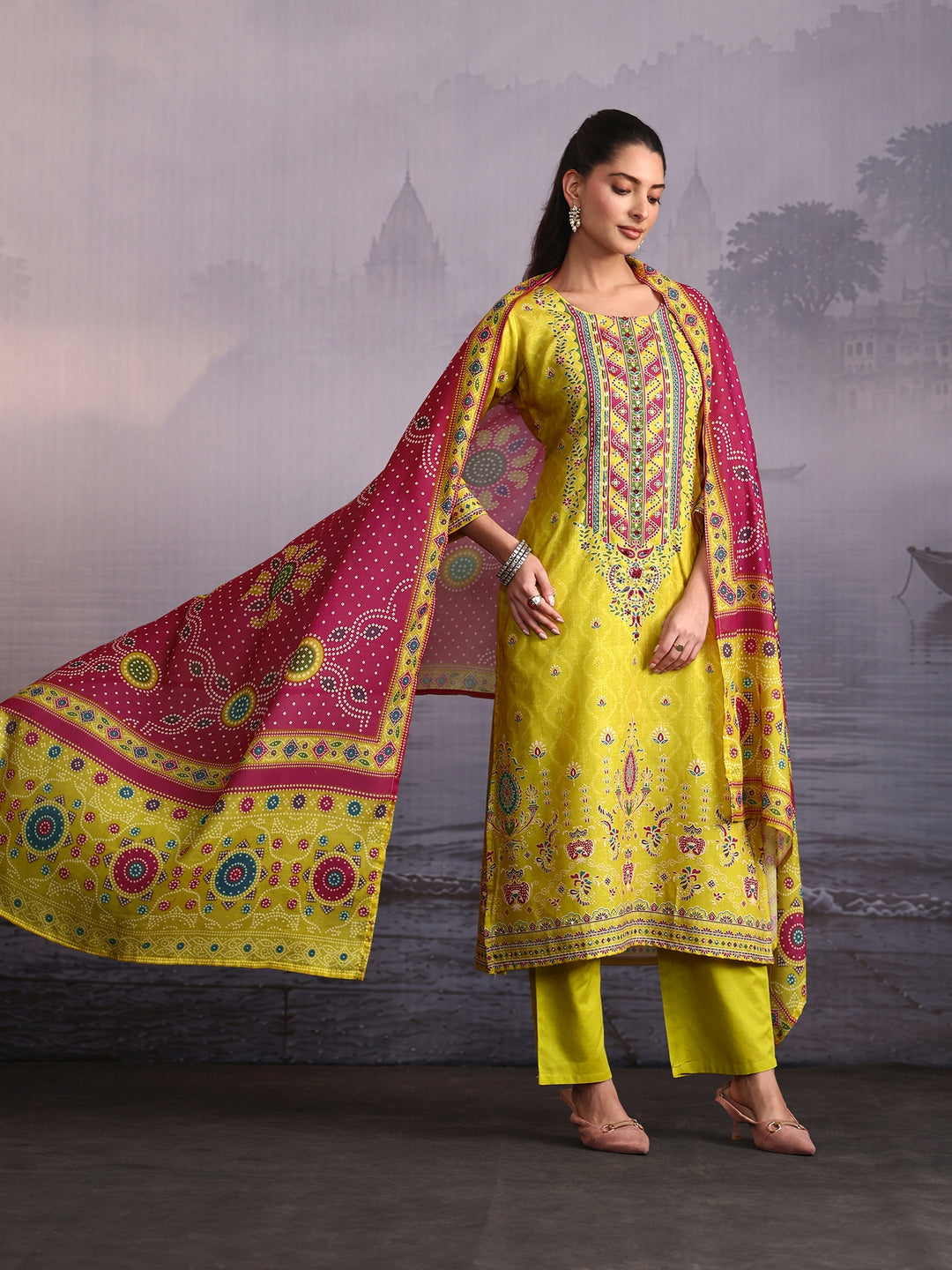 Libas Lime Green Floral Printed Cotton Straight Suit Set