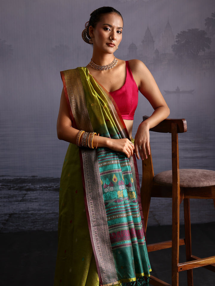 Libas Lime Green Jacquard Woven Design Silk Blend Saree