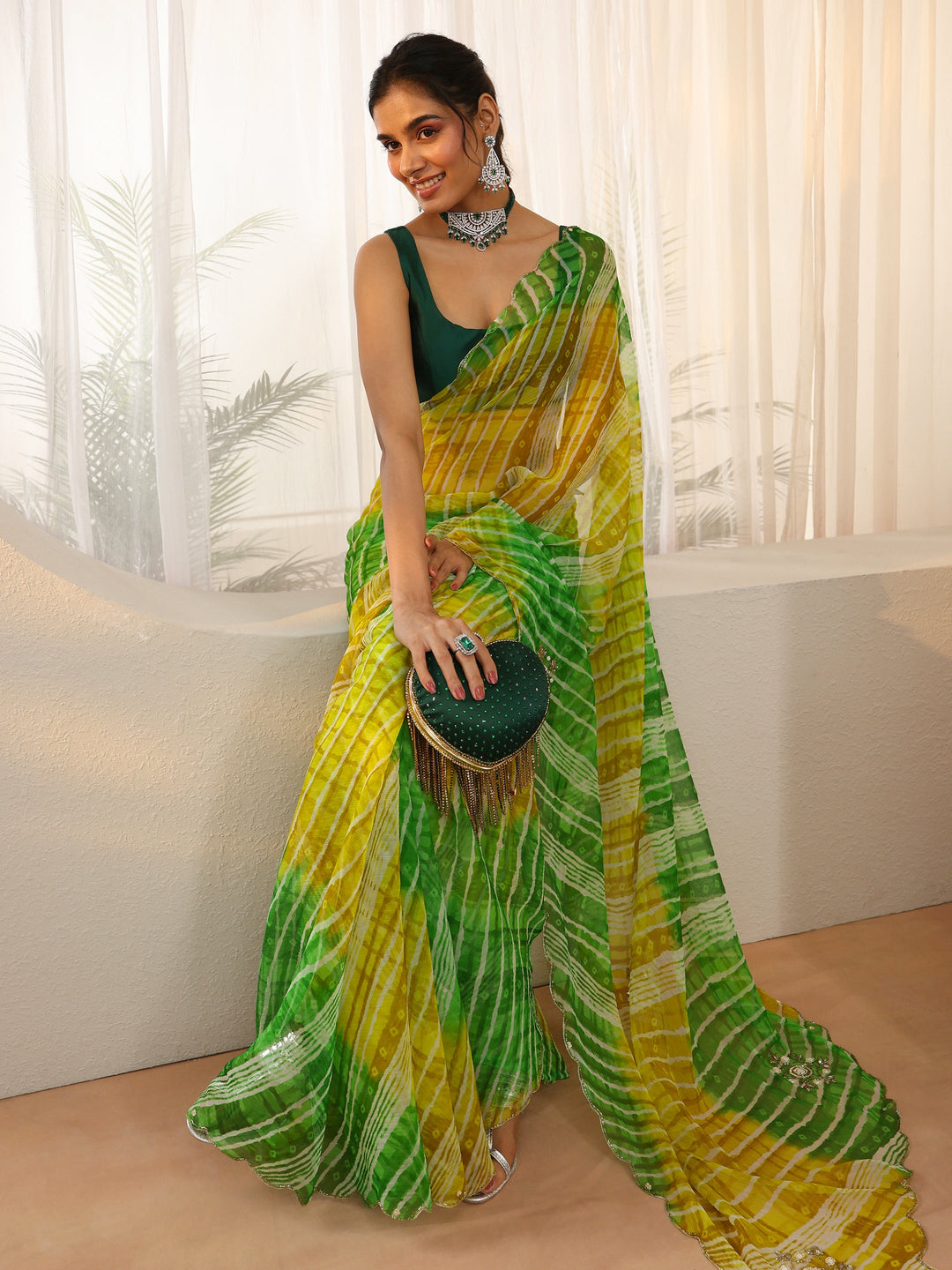 Libas Lime Green Leheriya Printed Chiffon Saree