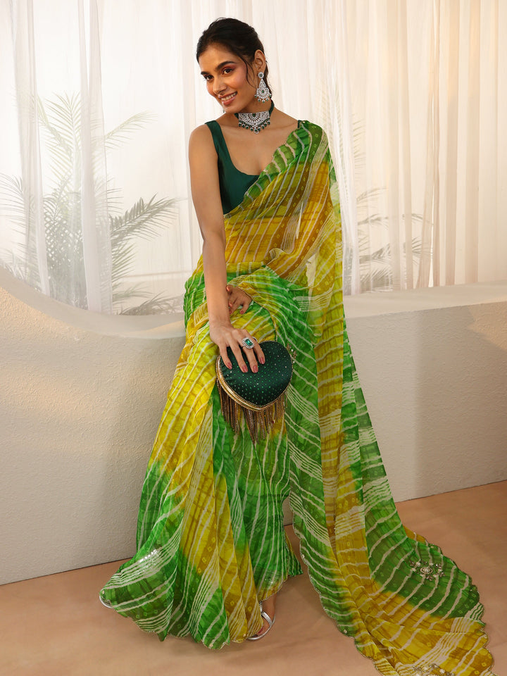 Libas Lime Green Leheriya Printed Chiffon Saree