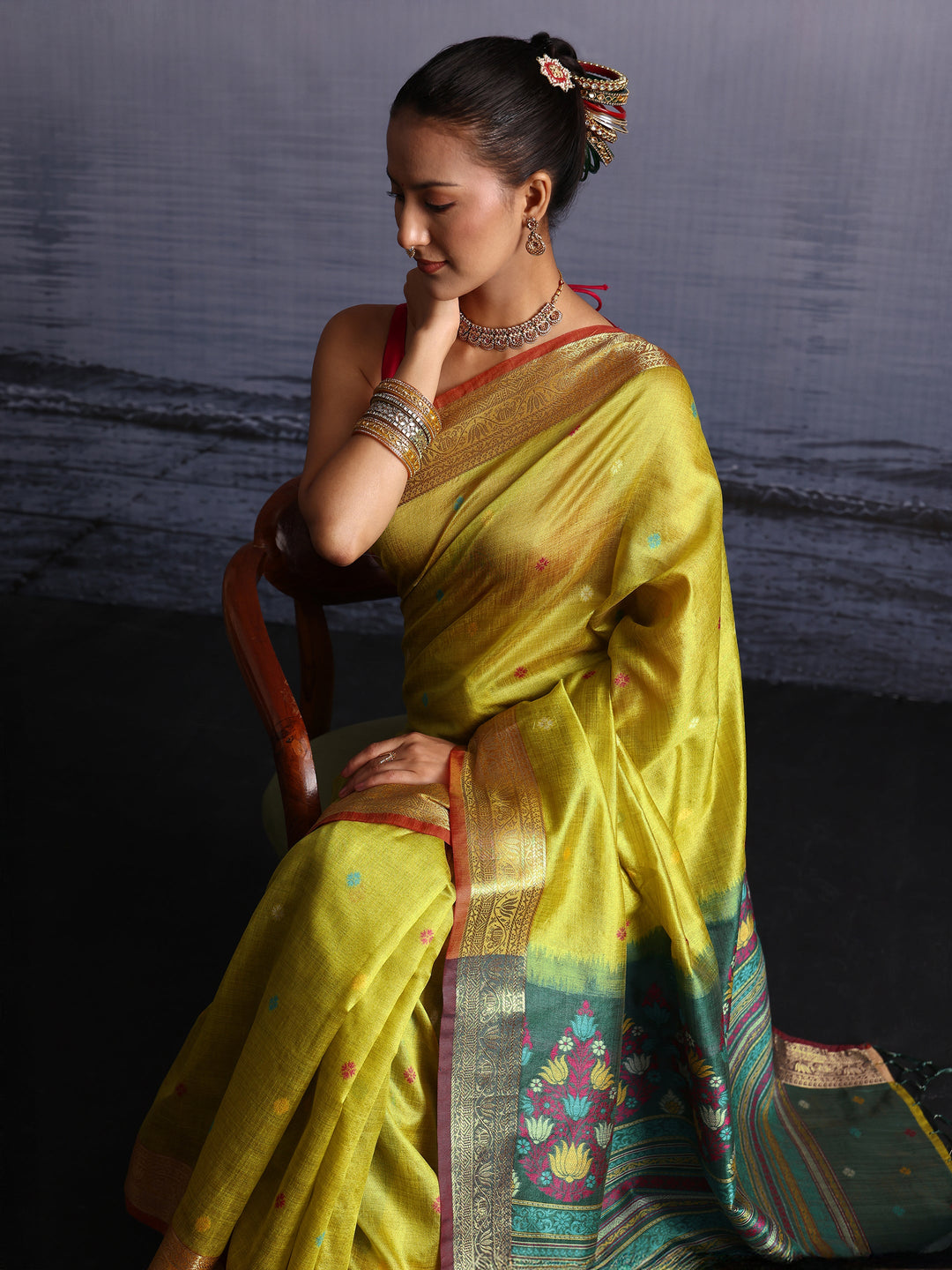 Libas Lime Green Silk Blend Saree with Floral Woven Pallu