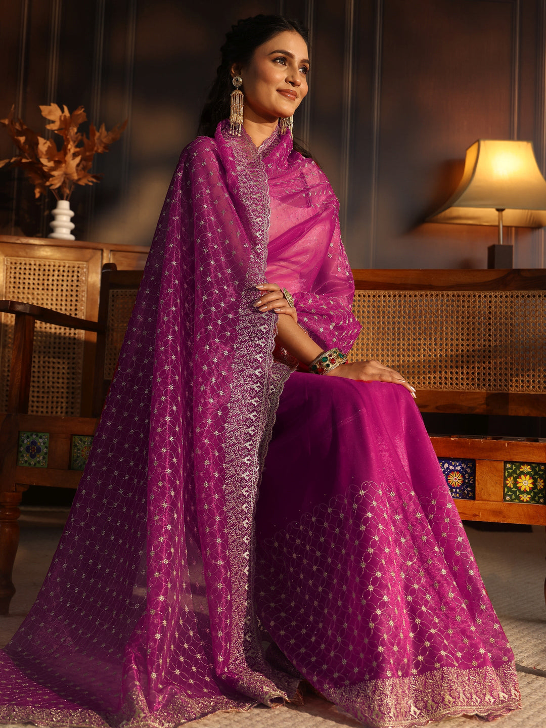 Libas Magenta Floral Embroidered Net Saree