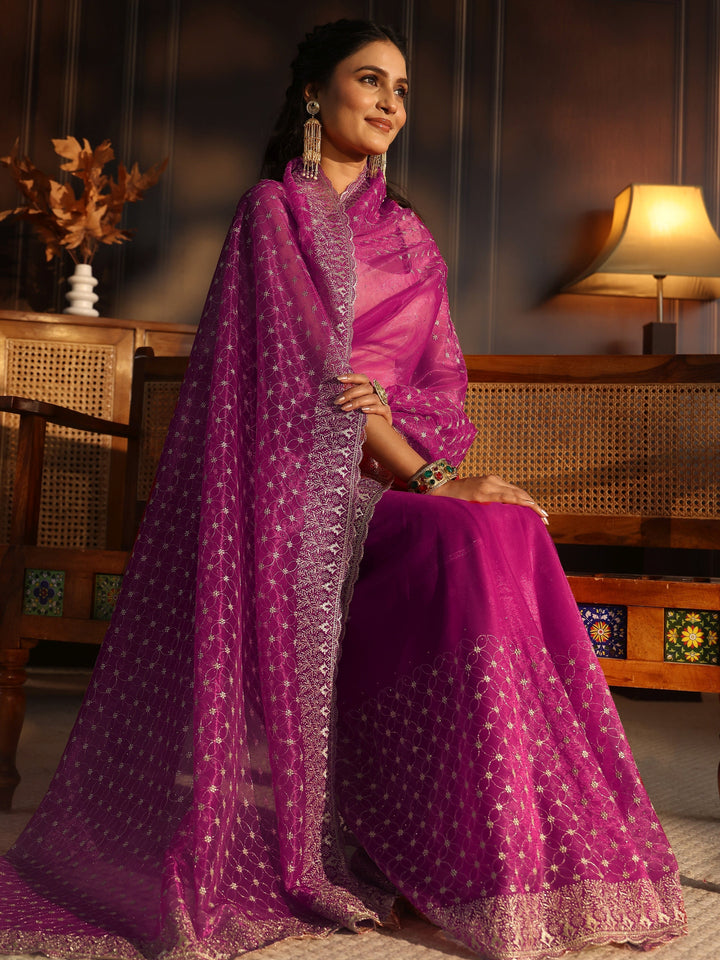 Libas Magenta Floral Embroidered Net Saree