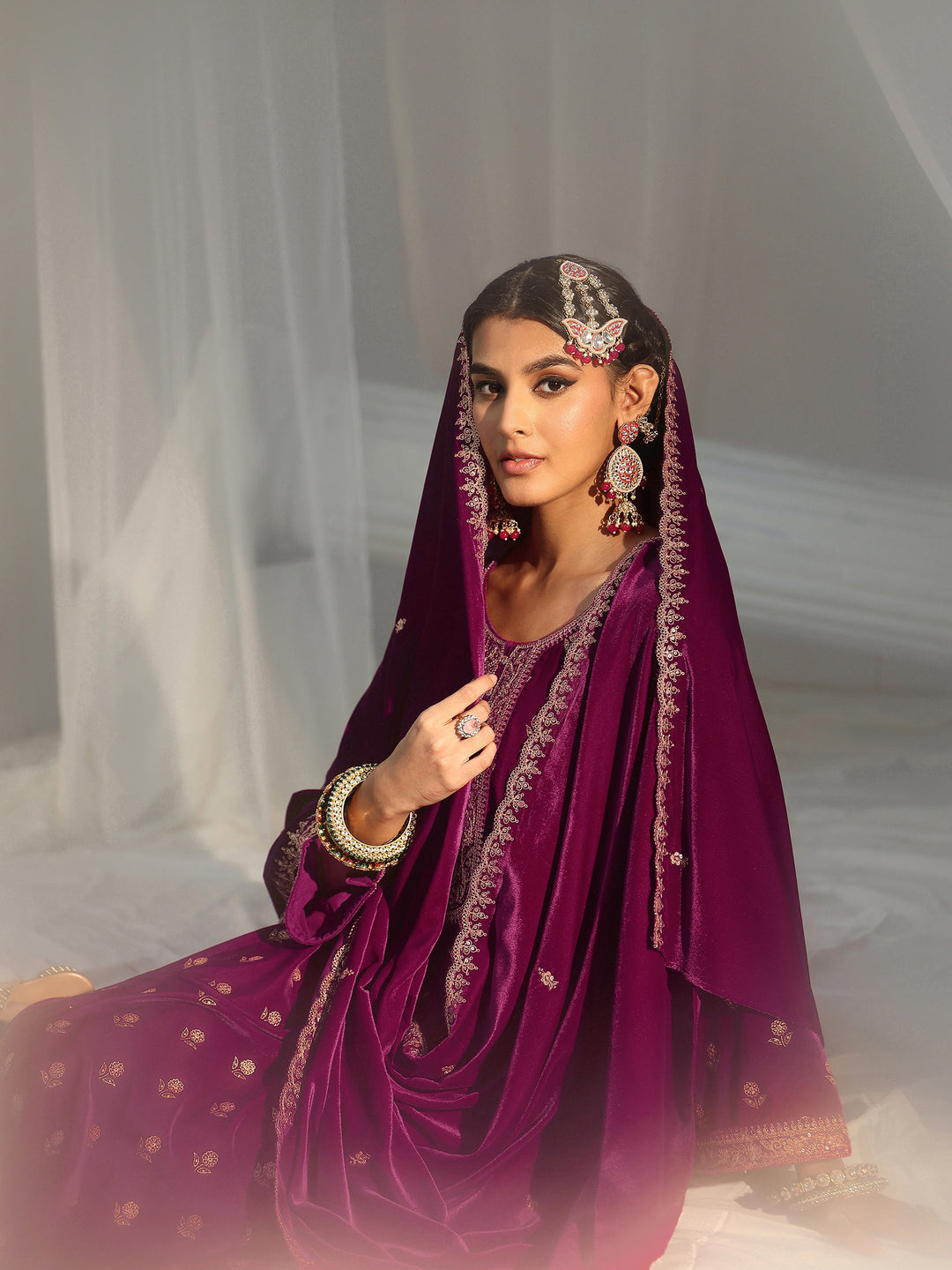Libas Magenta Floral Embroidered Velvet Straight Suit Set