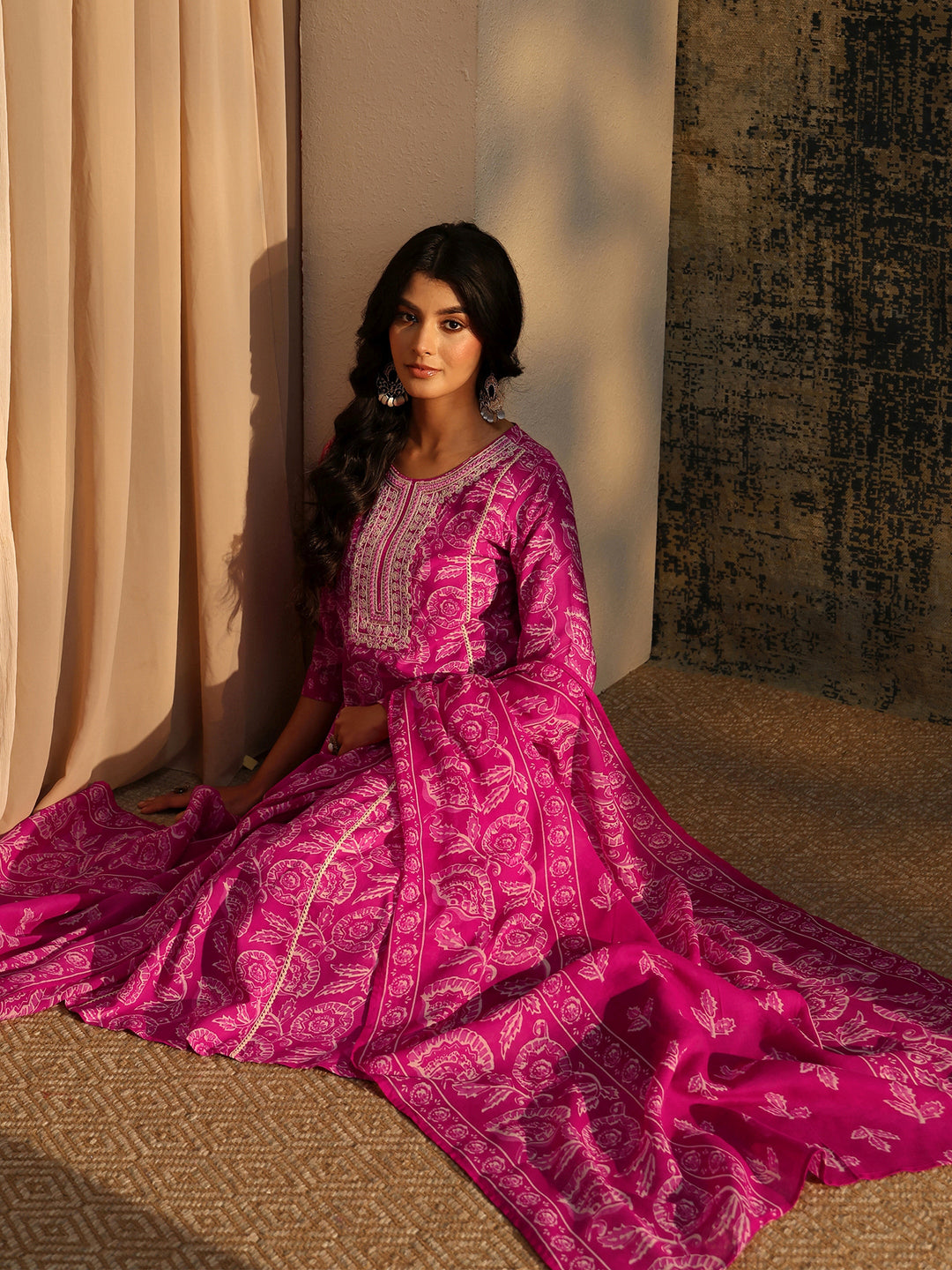 Libas Magenta Floral Printed Cotton Straight Suit Set