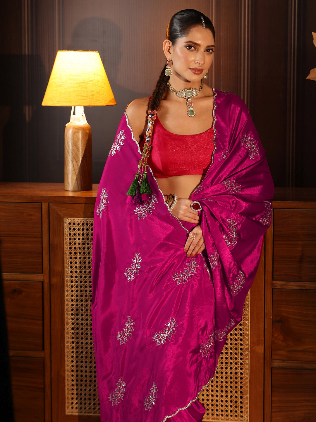 Libas Magenta Pink Embellished Satin Saree with Scalloped Border