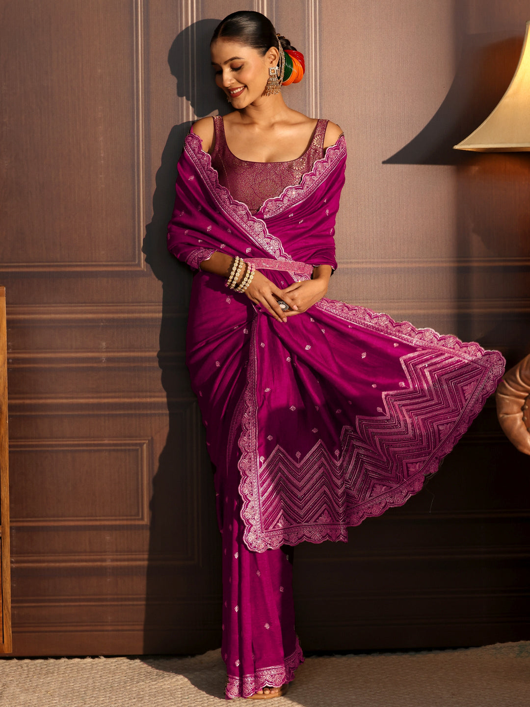 Libas Magenta Pink Embellished Scalloped Border Silk Blend Saree