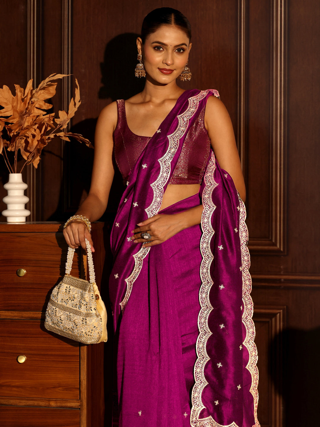 Libas Magenta Pink Embellished Scalloped Border Silk Blend Saree