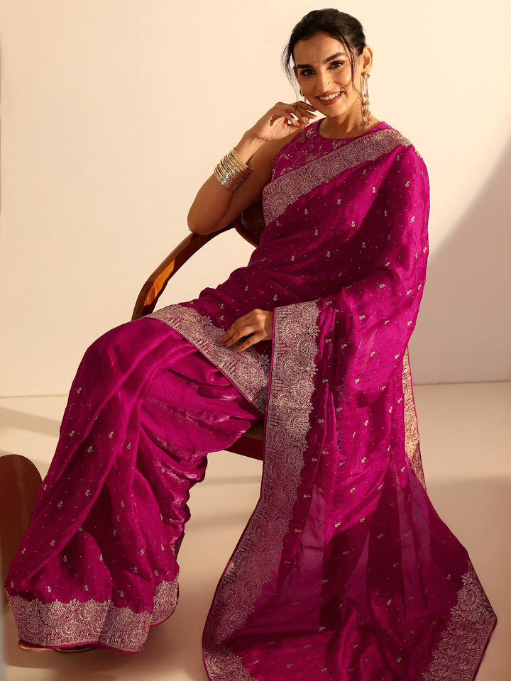 Libas Magenta Pink Embellished Tissue Saree
