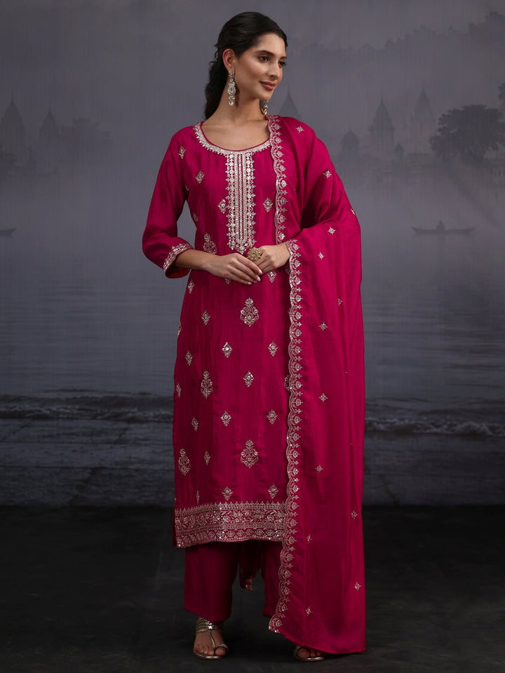 Libas Magenta Pink Embroidered Silk Blend Straight Suit Set