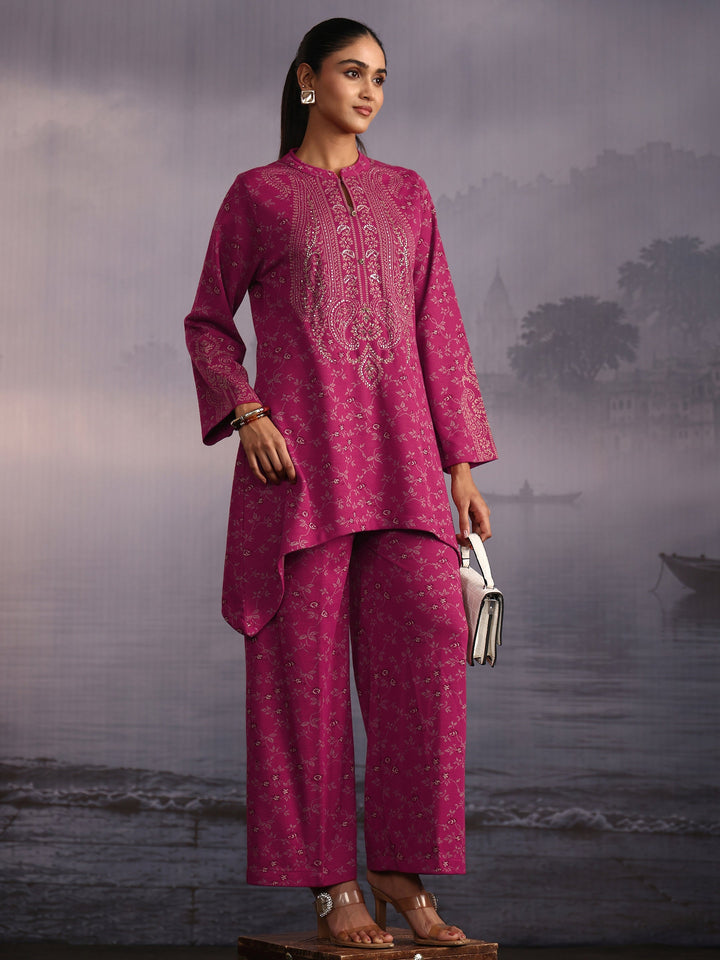 Libas Magenta Pink Floral Printed High Low Woolen Co-Ord Set