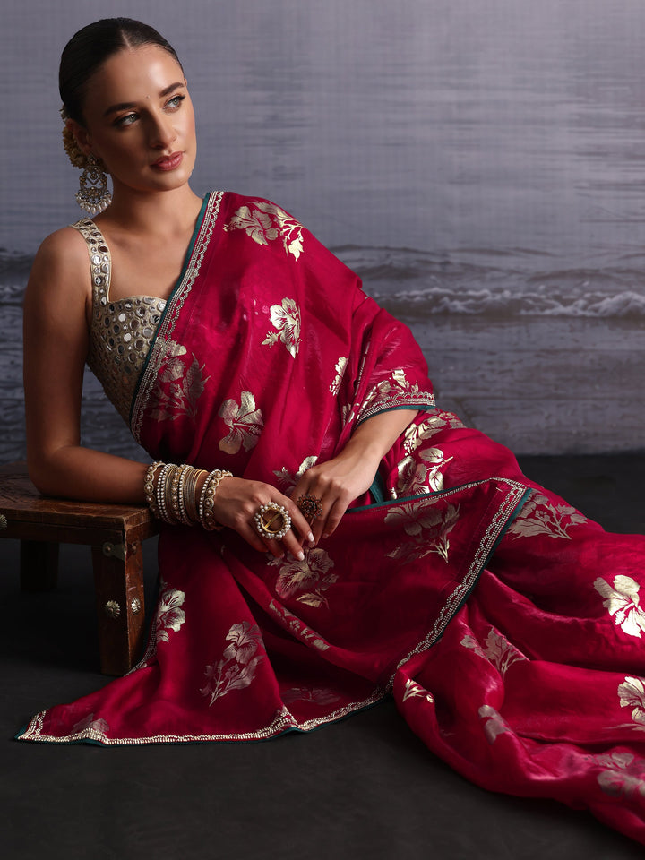 Libas Magenta Pink Floral Printed Tissue Saree with Embellished Border
