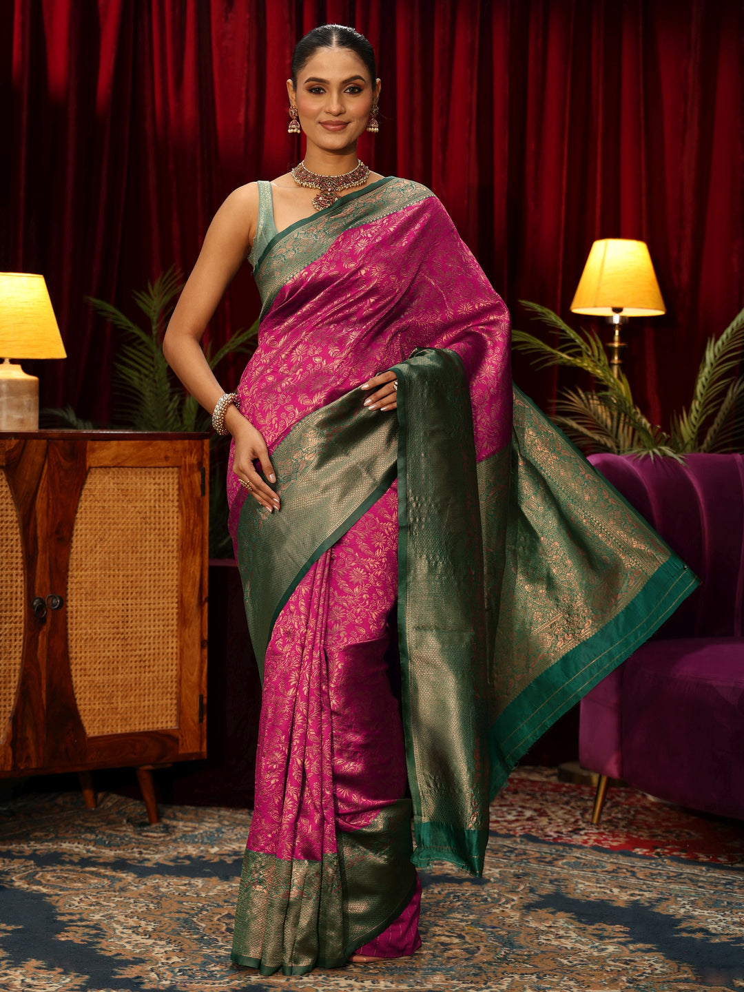 Libas Magenta Pink Floral Woven Design Silk Blend Saree