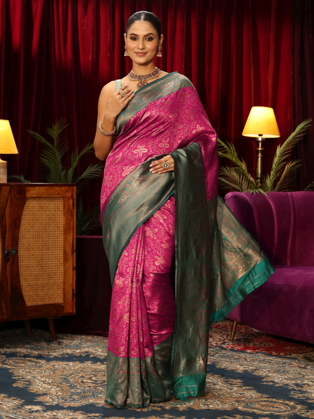Libas Magenta Pink Floral Woven Design Silk Blend Saree