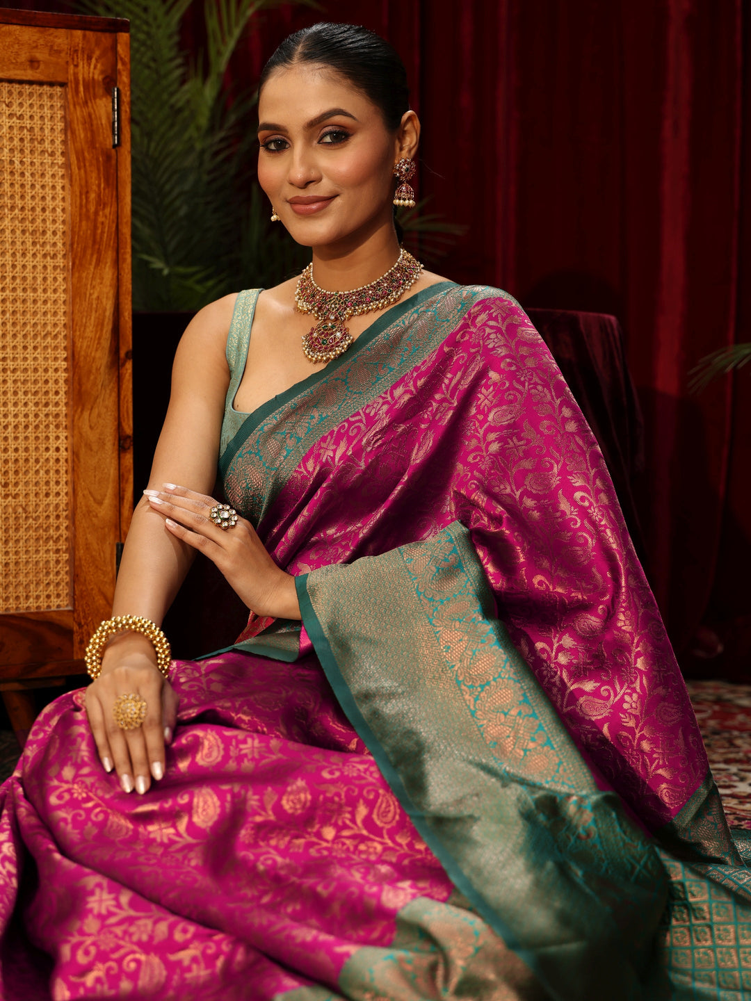 Libas Magenta Pink Floral Woven Design Silk Blend Saree