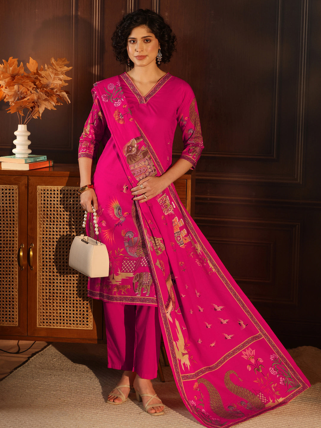 Libas Magenta Pink Tribal Printed Cotton Straight Suit Set